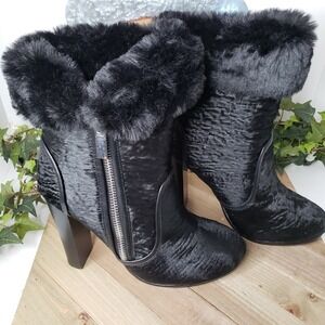 JUNE AMBROSE BLACK‎ LEATHER FAUX FUR ANKLE BOOTS SIZE 9 M - NEW